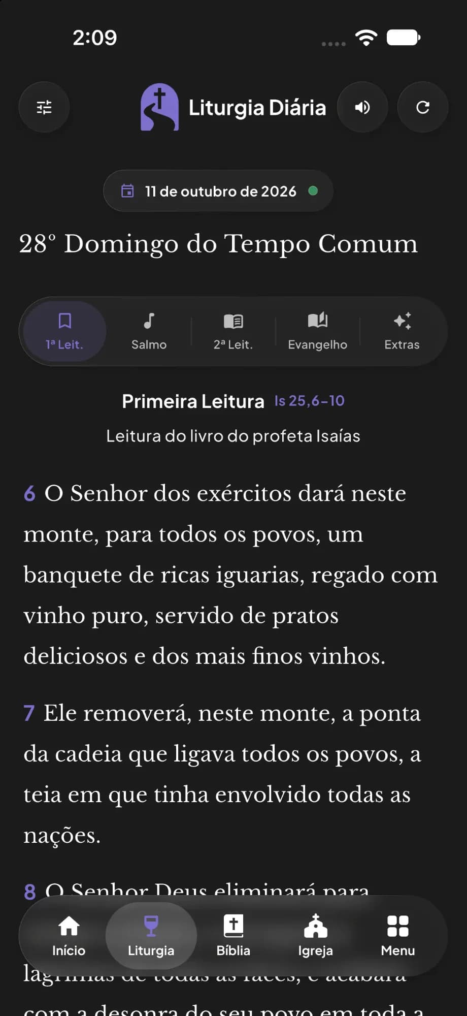 Tela de liturgia diária no iPhone