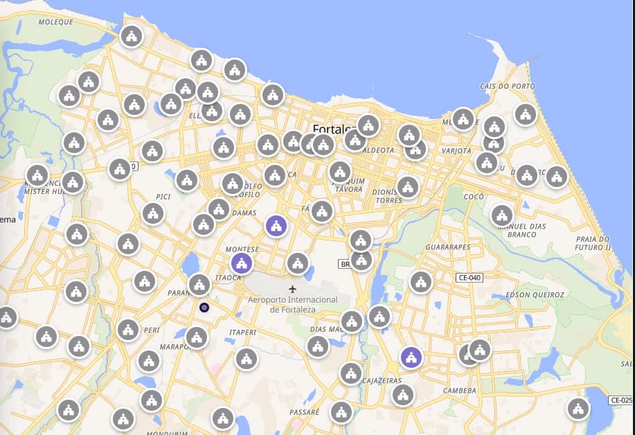 Mapa de Fortaleza no Paroquia.app com as paróquias e igrejas marcadas por ícones de igreja